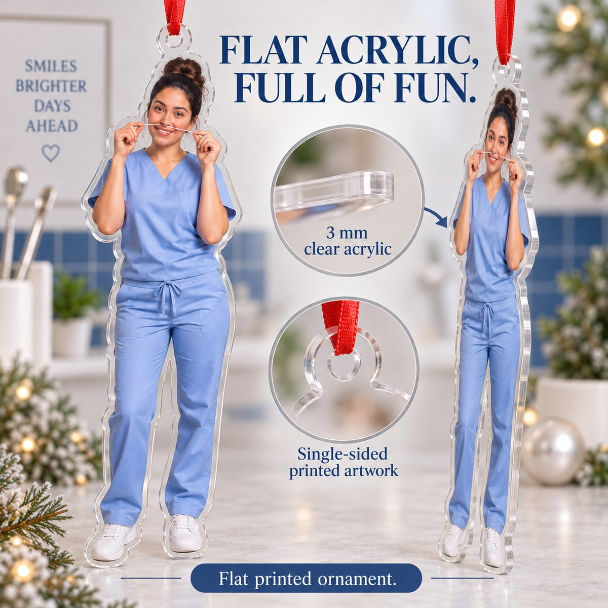 Custom Photo Dentist Floss Mustache Acrylic Ornament — Flat acrylic material