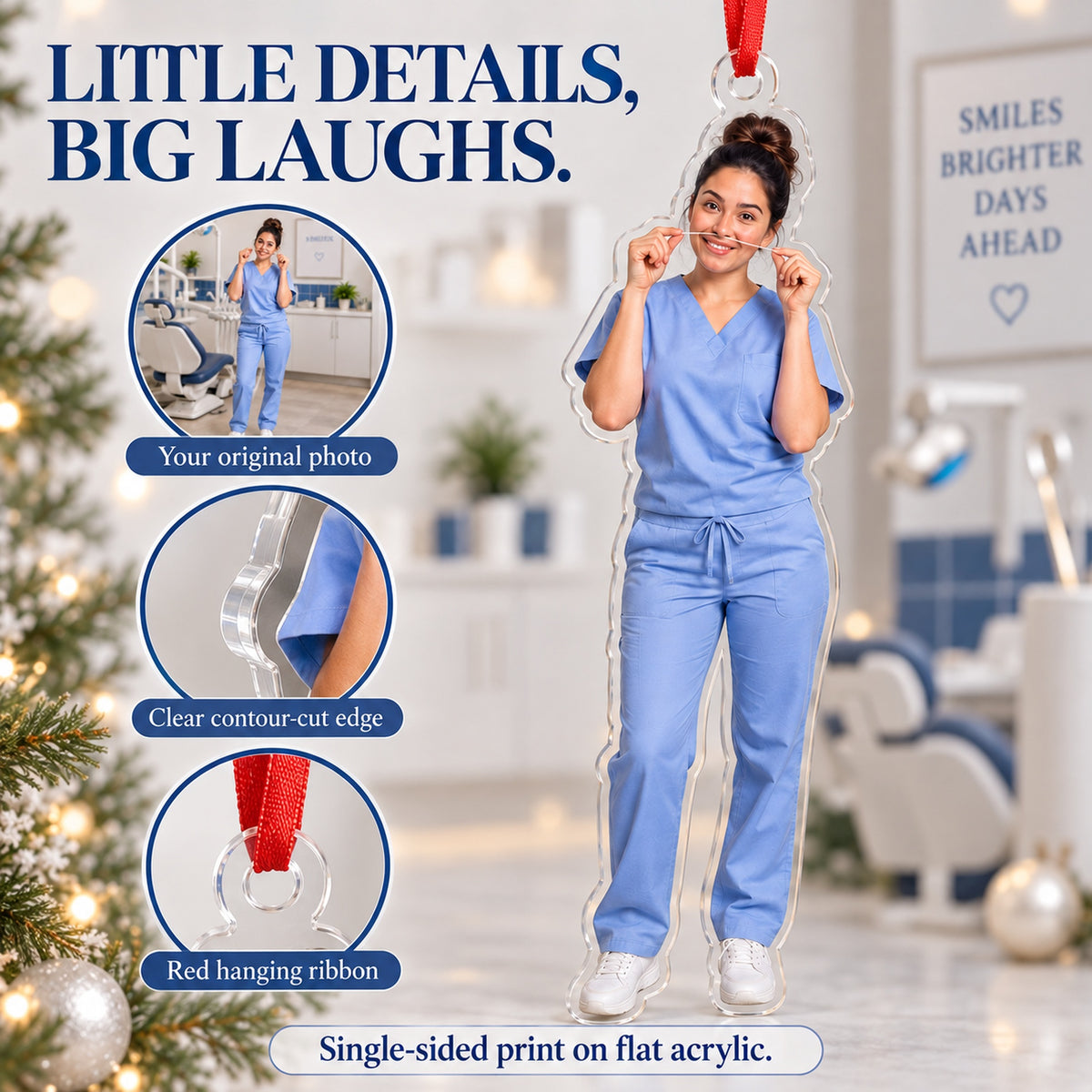 Custom Photo Dentist Floss Mustache Acrylic Ornament — Product details