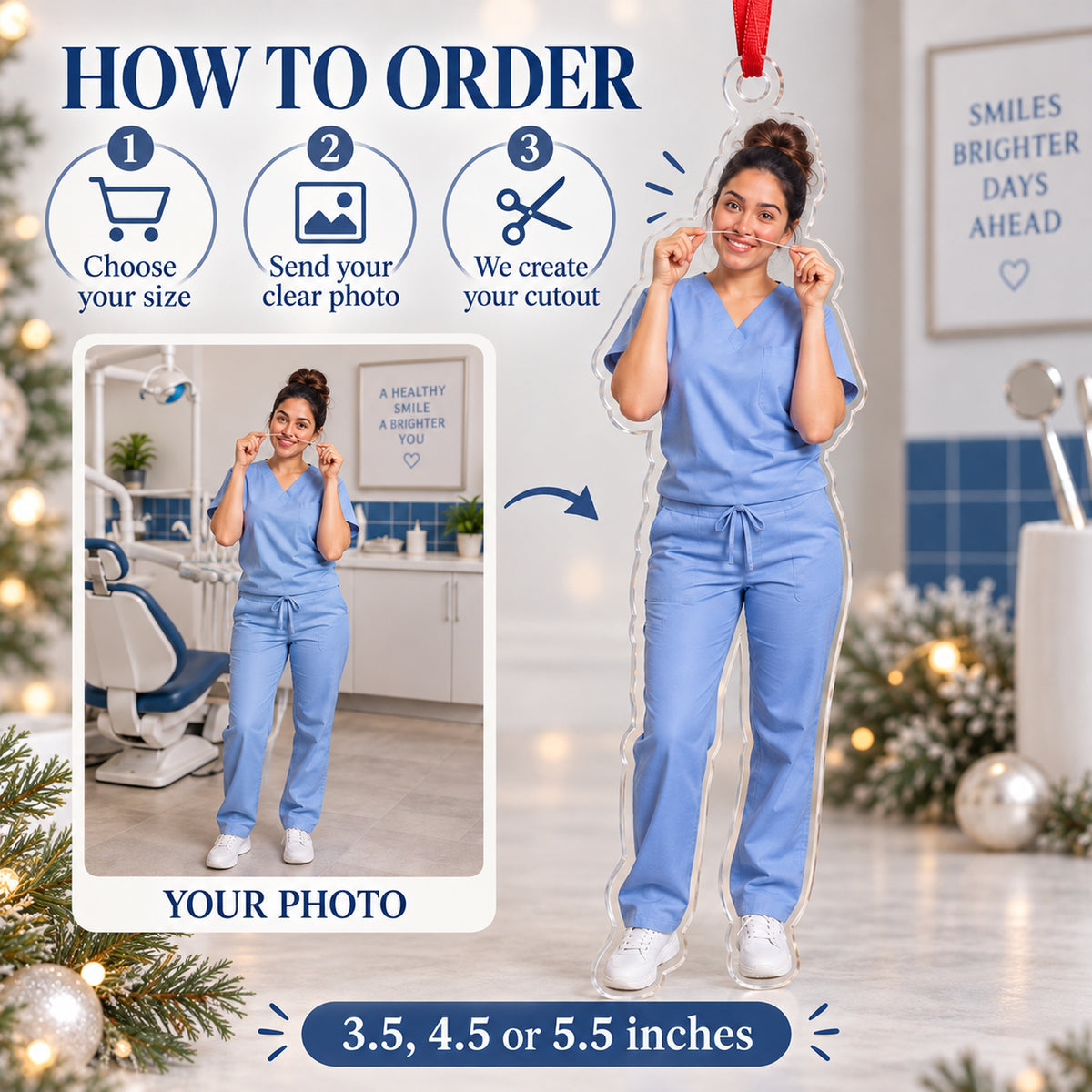 Custom Photo Dentist Floss Mustache Acrylic Ornament — How to order