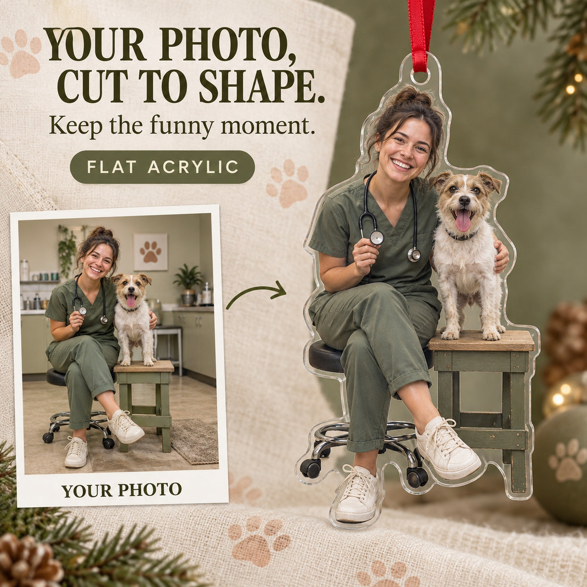 Custom Photo Vet Assistant Photobomb Acrylic Ornament — Main design