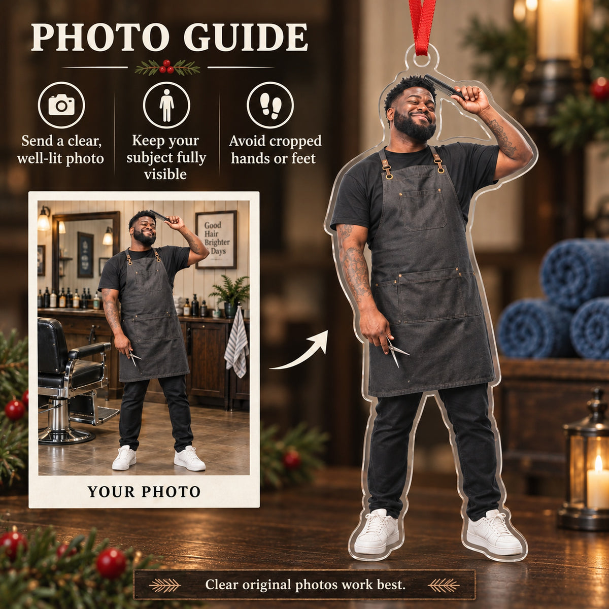 Custom Photo Barber Comb Salute Acrylic Ornament — Personalization guide