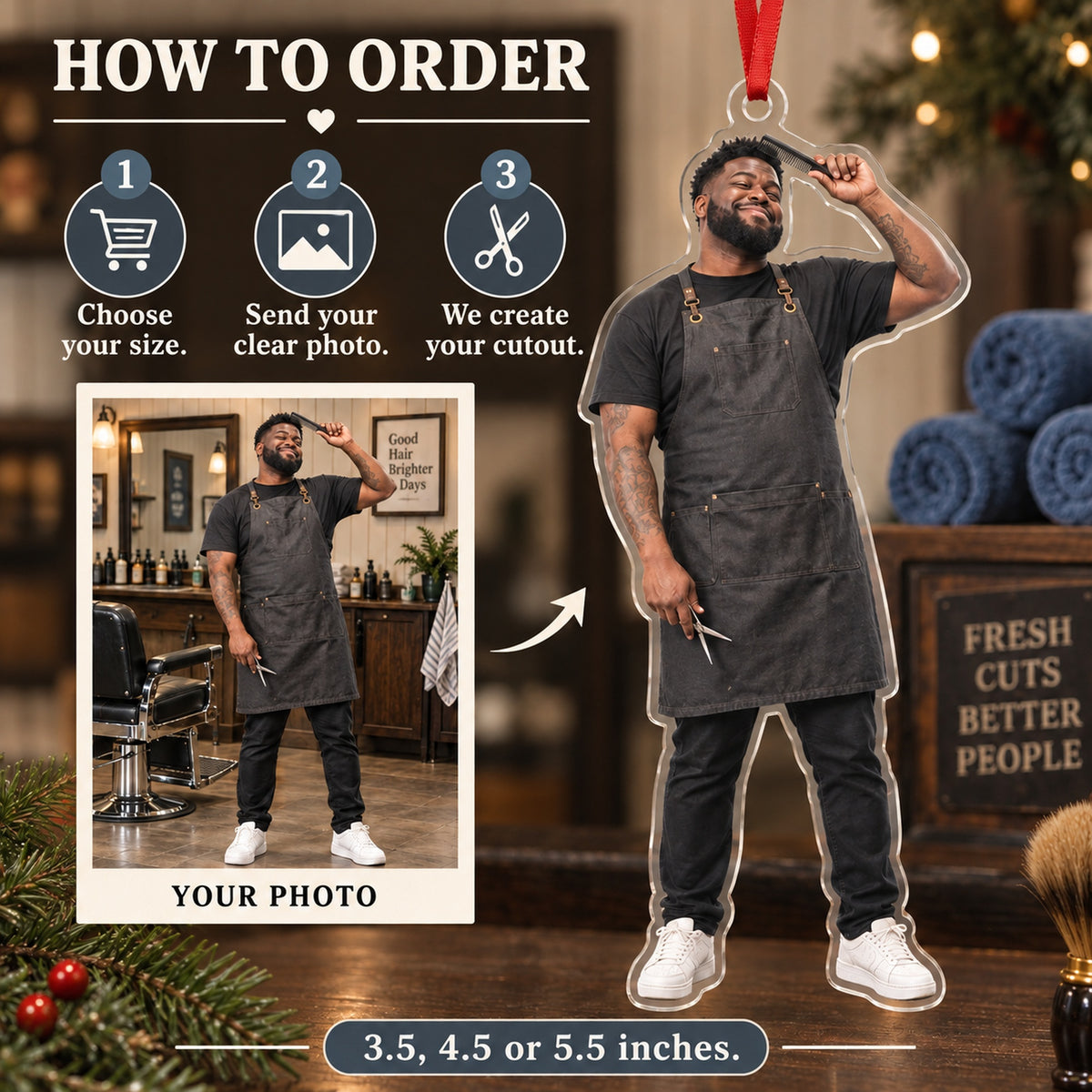 Custom Photo Barber Comb Salute Acrylic Ornament — How to order