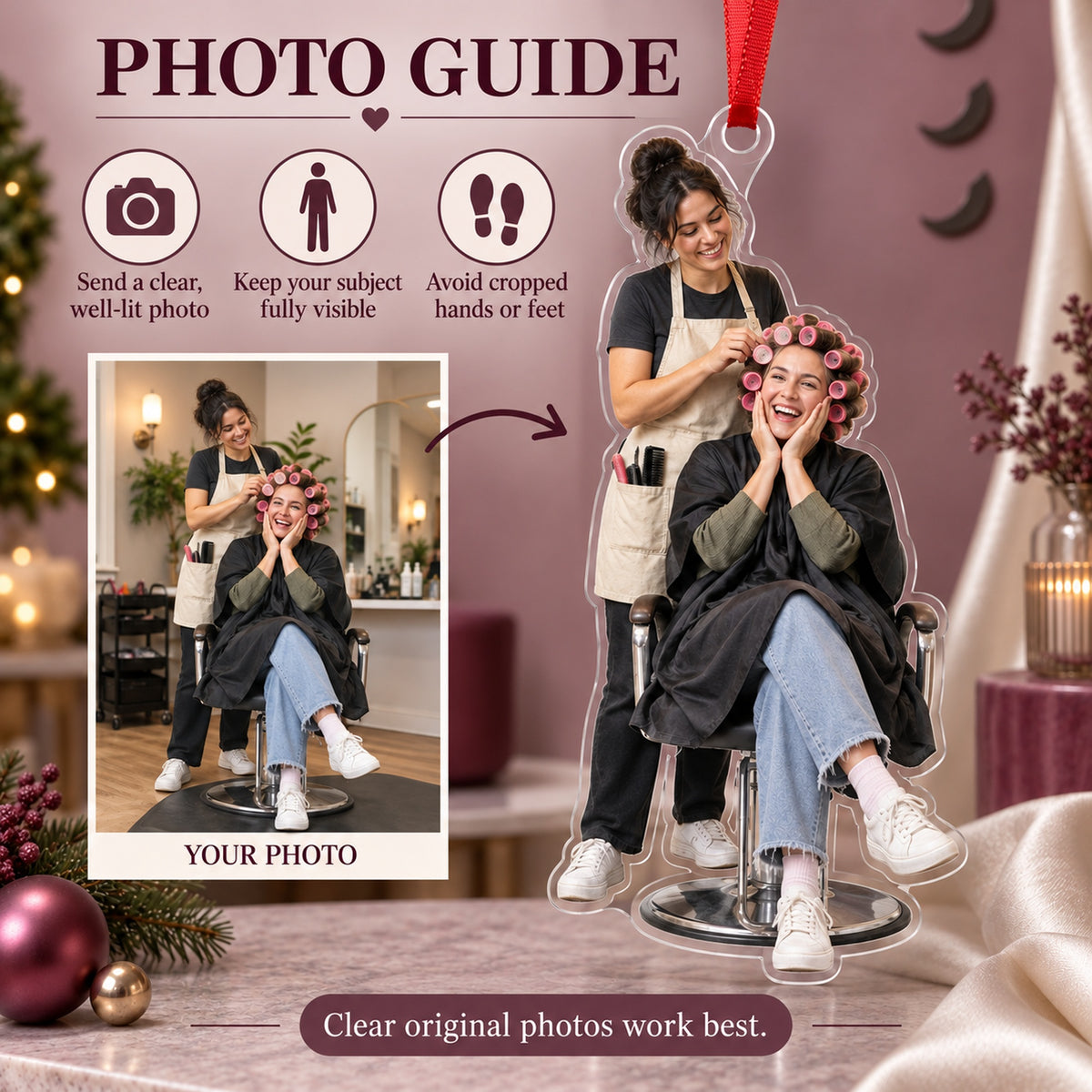 Custom Photo Hairstylist Curler Queen Acrylic Ornament — Personalization guide
