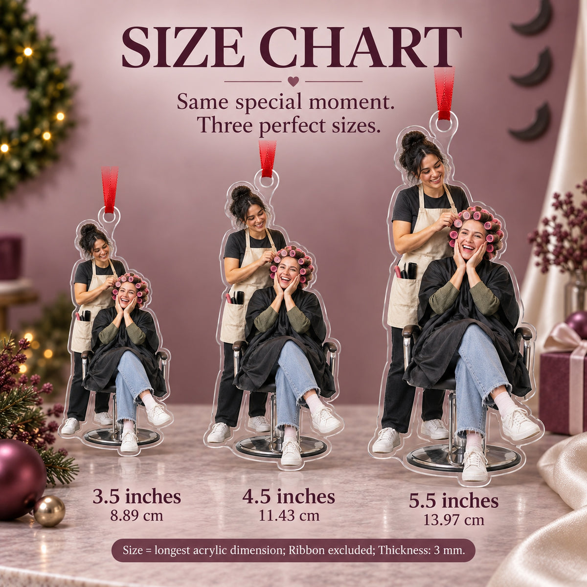 Custom Photo Hairstylist Curler Queen Acrylic Ornament — Size guide