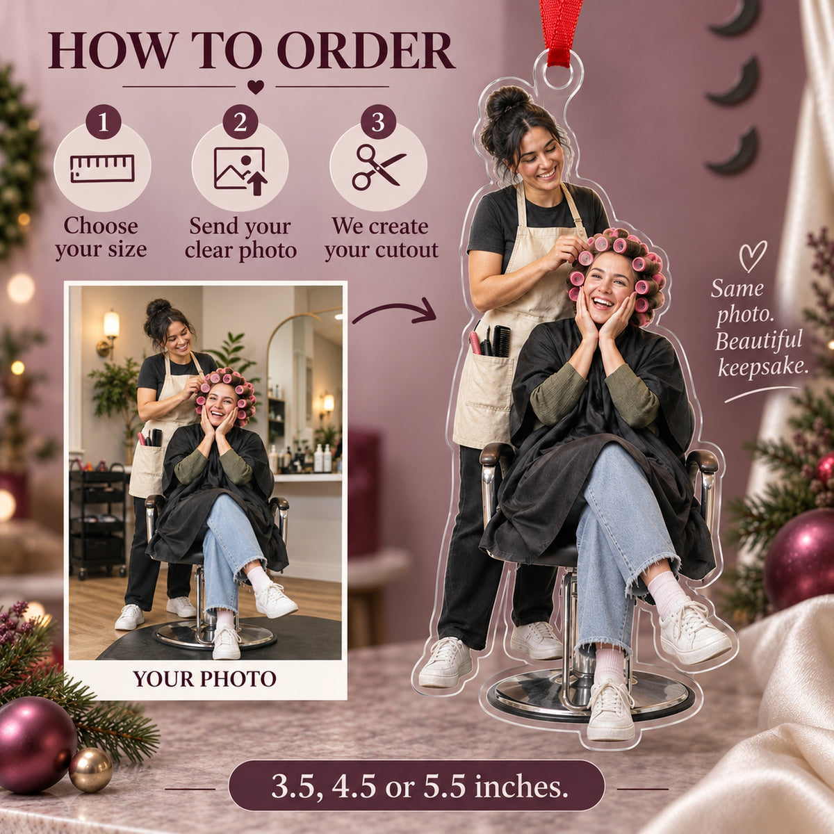 Custom Photo Hairstylist Curler Queen Acrylic Ornament — How to order