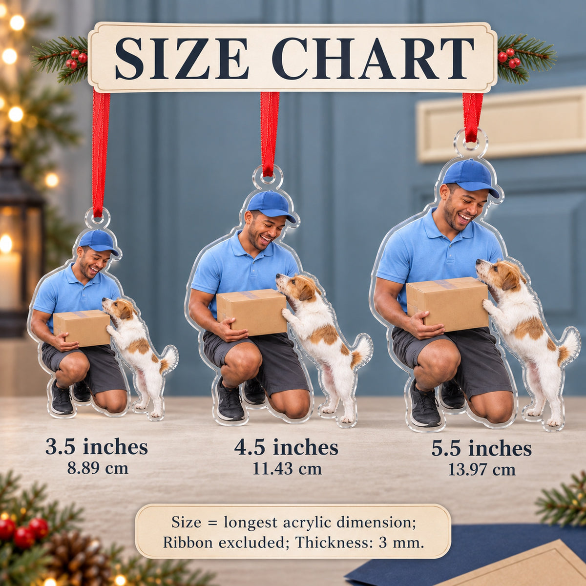 Custom Photo Mail Carrier Dog Greet Acrylic Ornament — Size guide