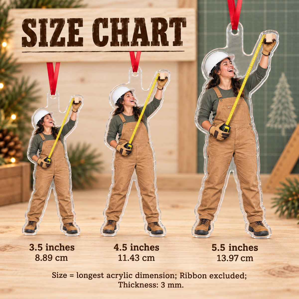 Custom Photo Builder Tape Measure Acrylic Ornament — Size guide