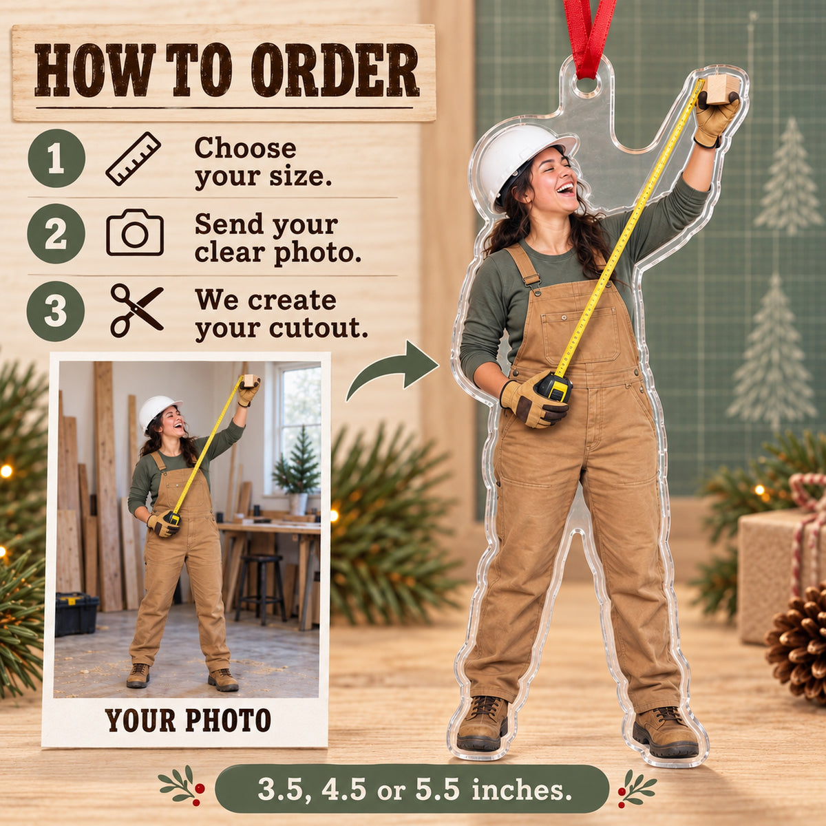 Custom Photo Builder Tape Measure Acrylic Ornament — How to order