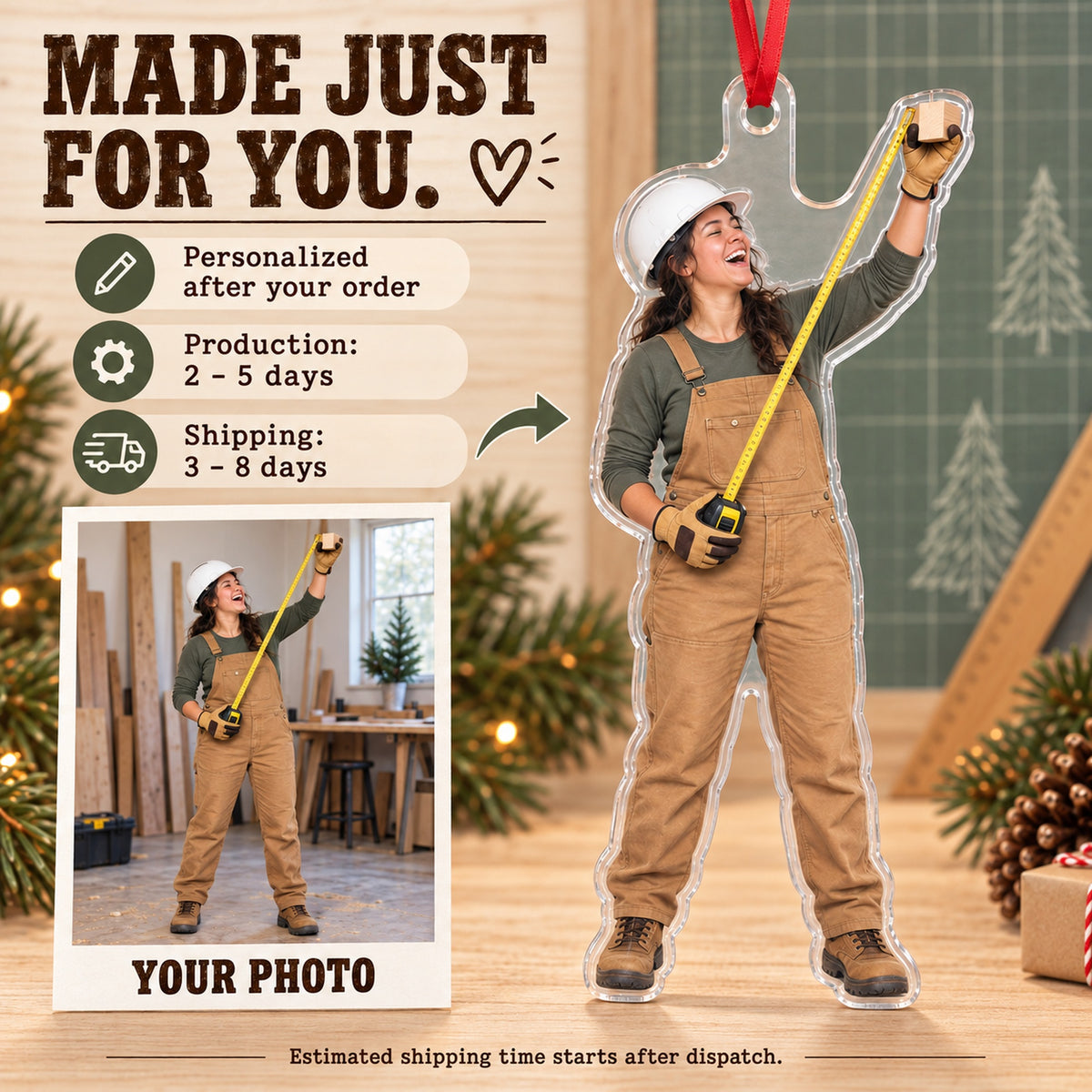Custom Photo Builder Tape Measure Acrylic Ornament — Production and delivery