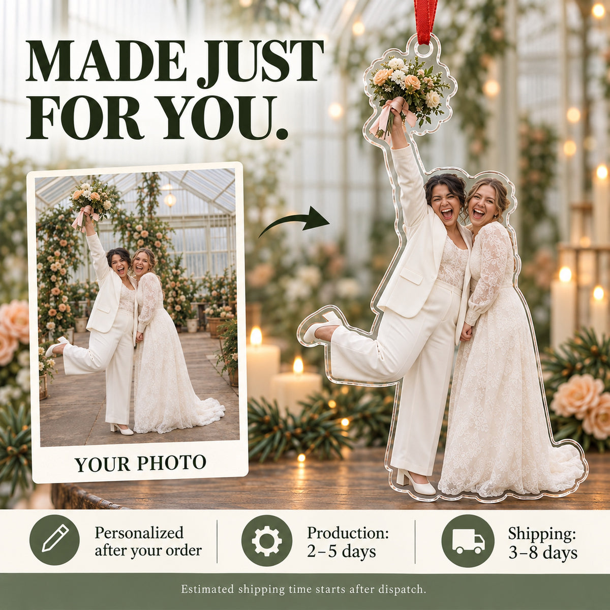 Custom Photo Bouquet and Big Grin Acrylic Ornament — Production and delivery