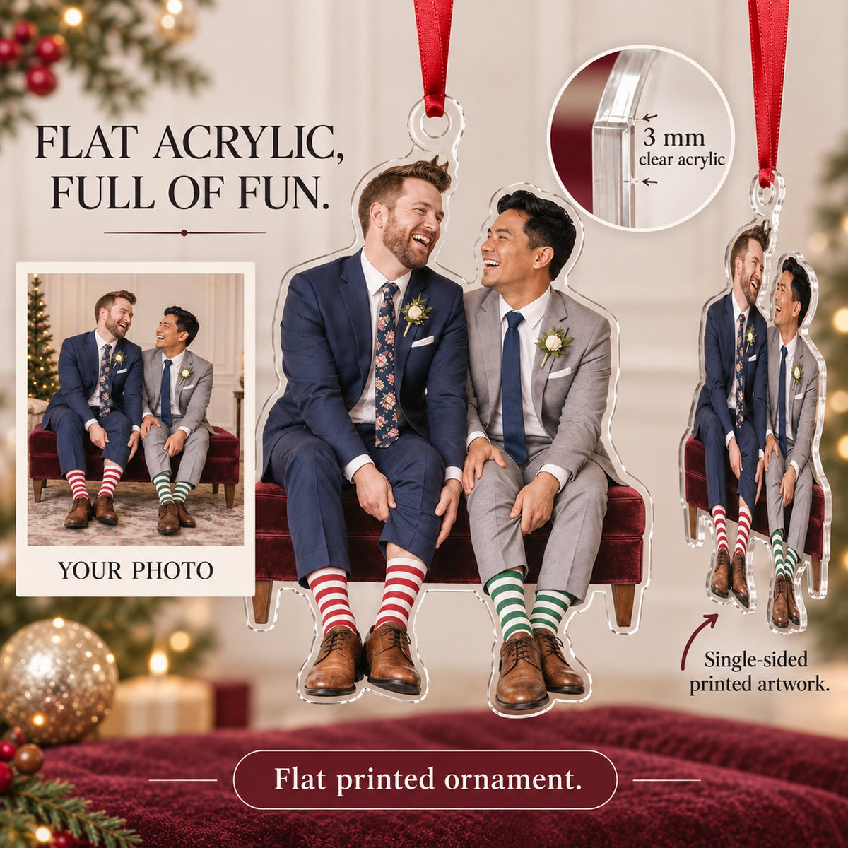 Custom Photo Two Grooms Silly Socks Acrylic Ornament — Flat acrylic material