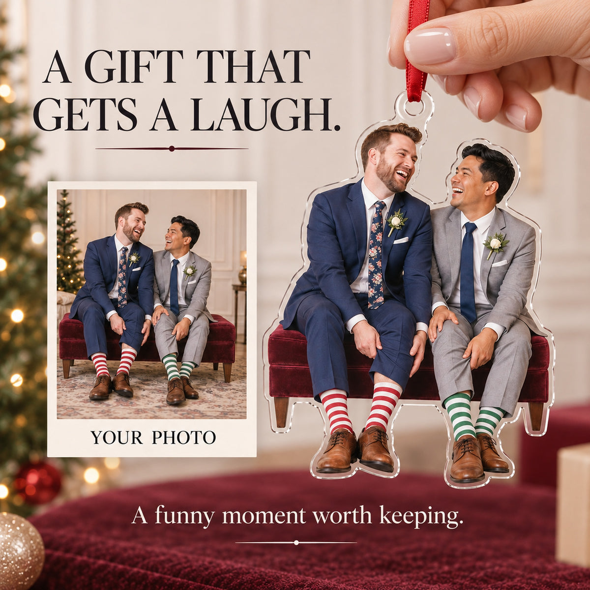 Custom Photo Two Grooms Silly Socks Acrylic Ornament — Gift inspiration