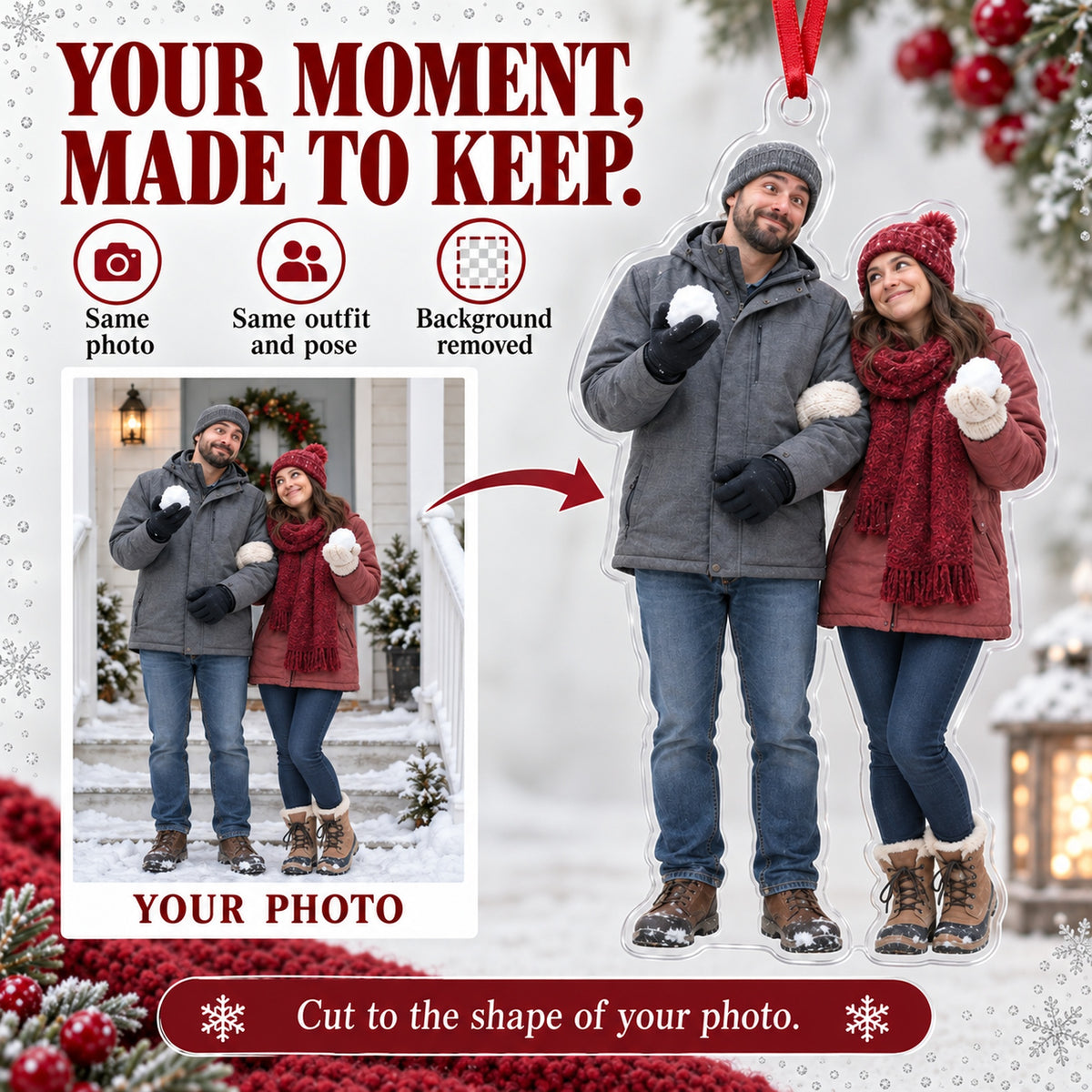 Custom Photo Snowball Truce Acrylic Ornament — Personalization example