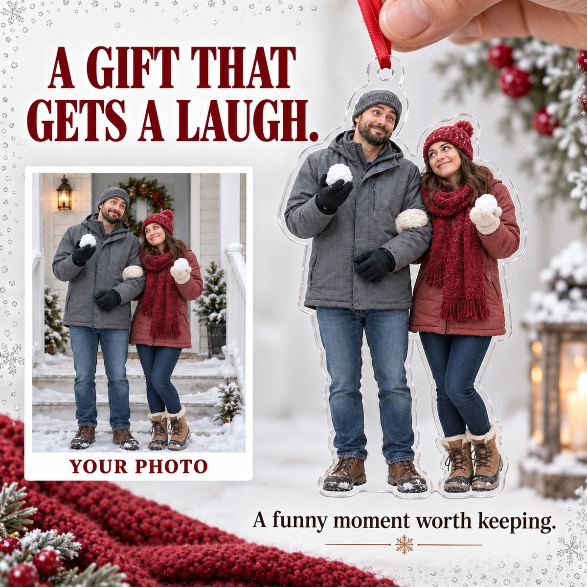 Custom Photo Snowball Truce Acrylic Ornament — Gift inspiration