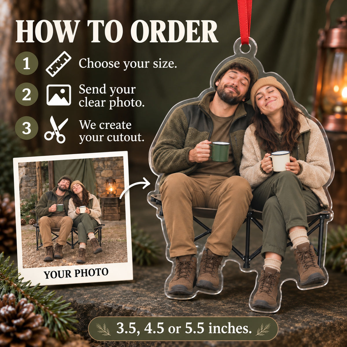 Custom Photo Camping Coffee Faces Acrylic Ornament — How to order