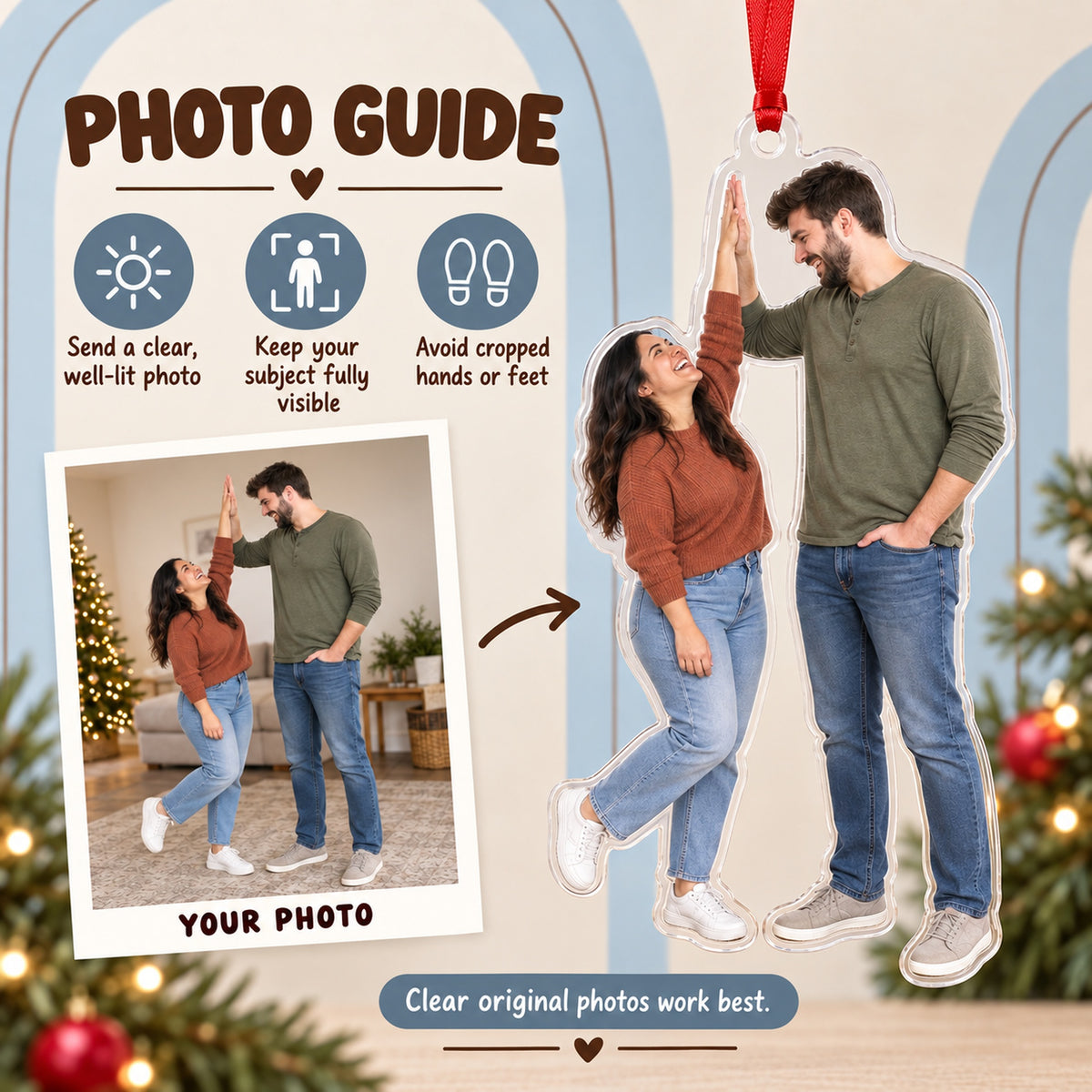 Custom Photo Height Difference High Five Acrylic Ornament — Personalization guide