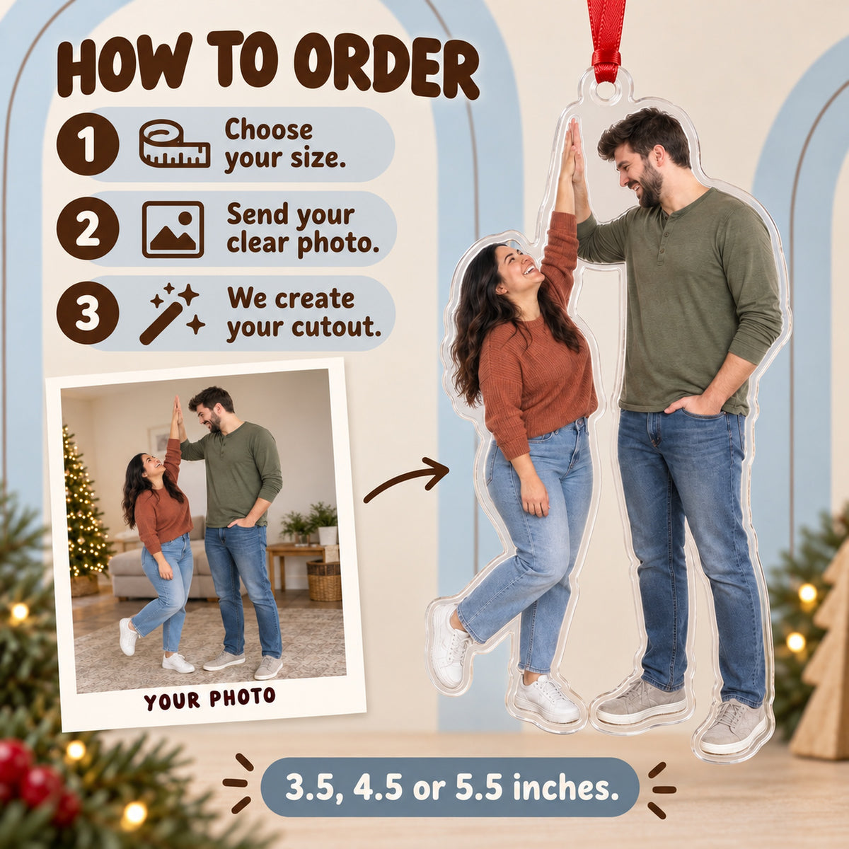 Custom Photo Height Difference High Five Acrylic Ornament — How to order