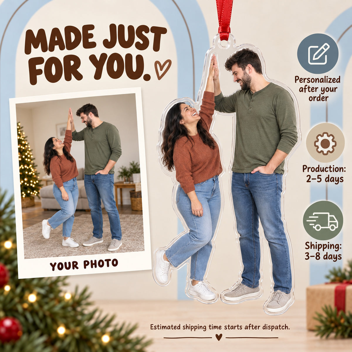 Custom Photo Height Difference High Five Acrylic Ornament — Production and delivery