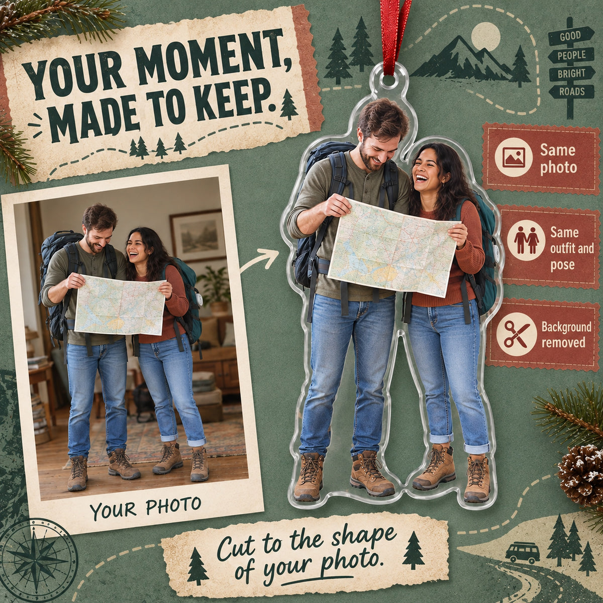 Custom Photo Road Trip Silly Selfie Acrylic Ornament — Personalization example