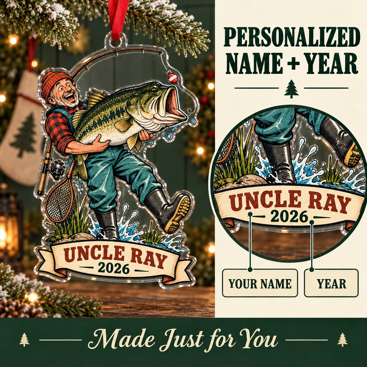 Personalized Funny Giant Bass Catch Acrylic Ornament — Photo or personalization guide