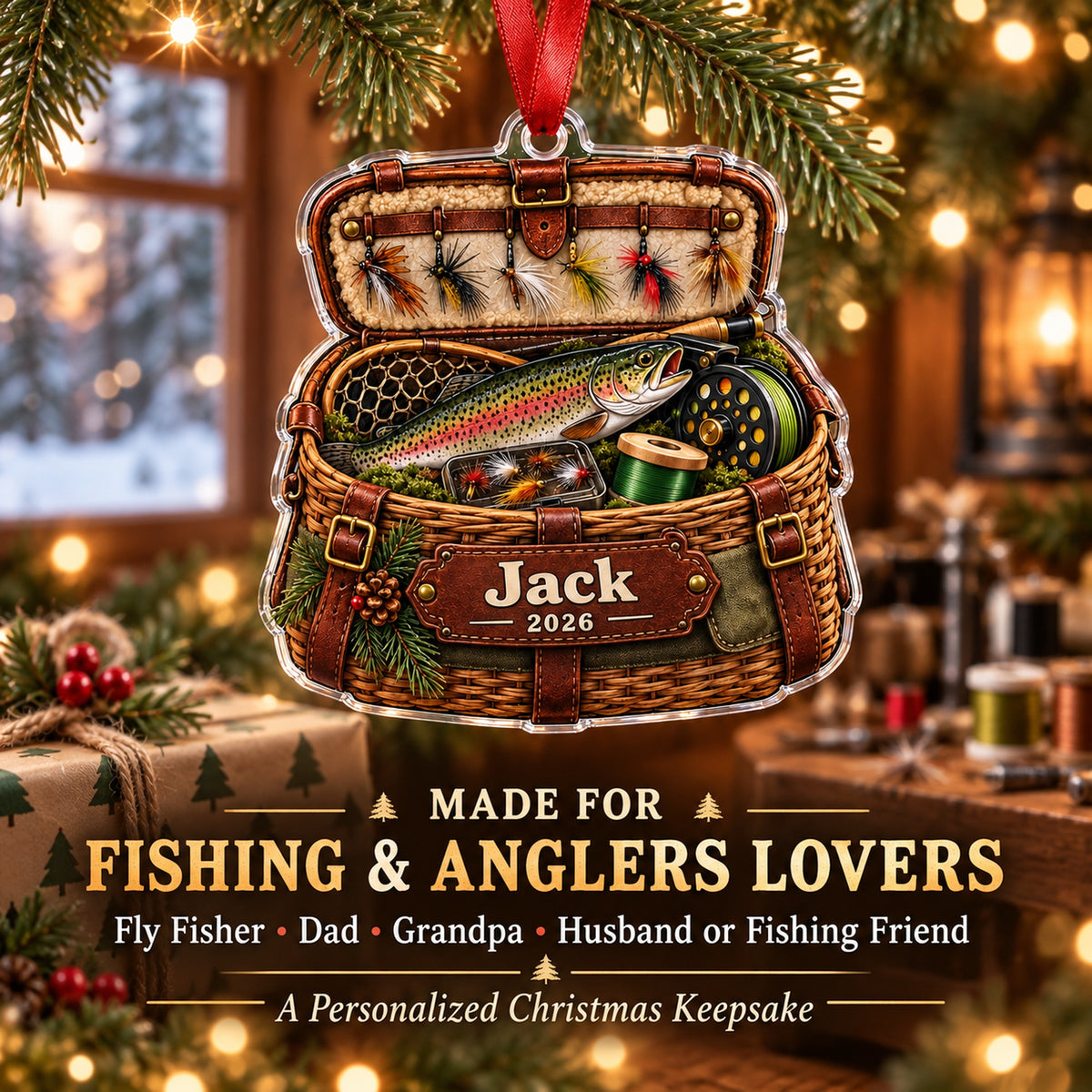 Personalized Fly Fishing Creel Chest Acrylic Ornament — Size guide