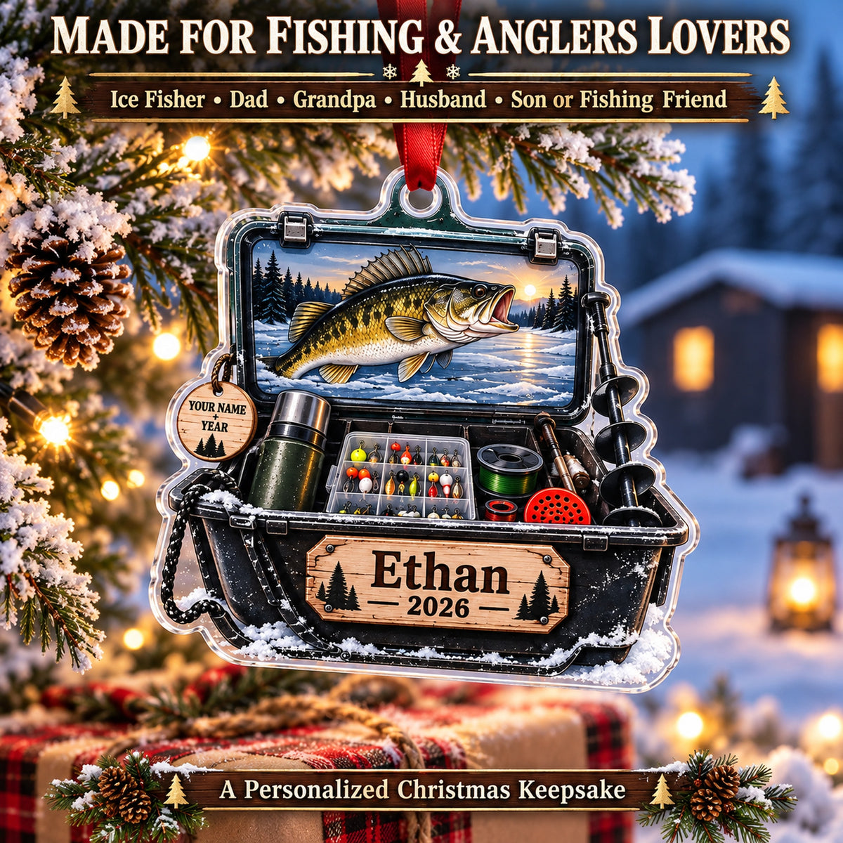 Personalized Ice Fishing Sled Kit Acrylic Ornament — Size guide