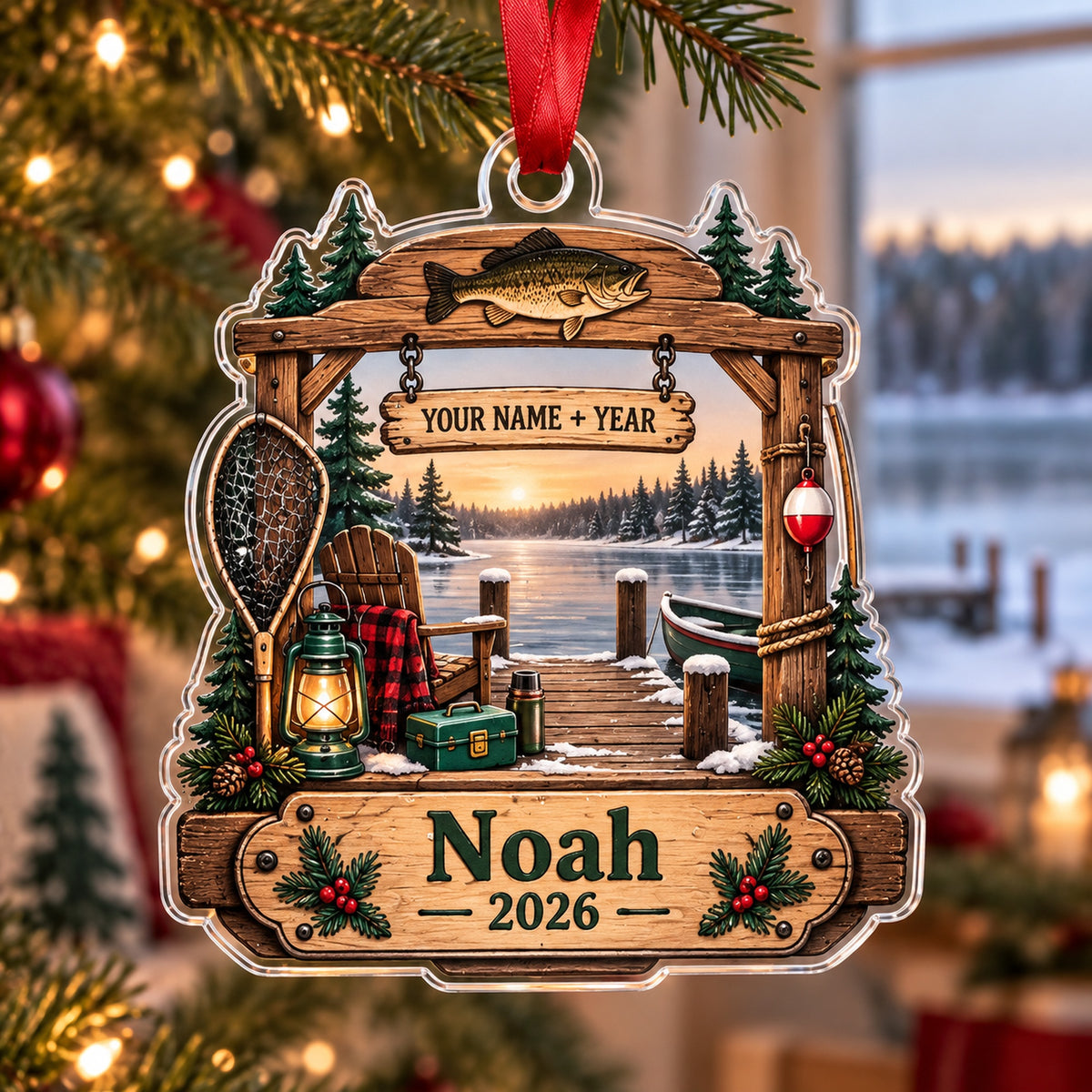Personalized First Catch Dock Keepsake Acrylic Ornament — Main design