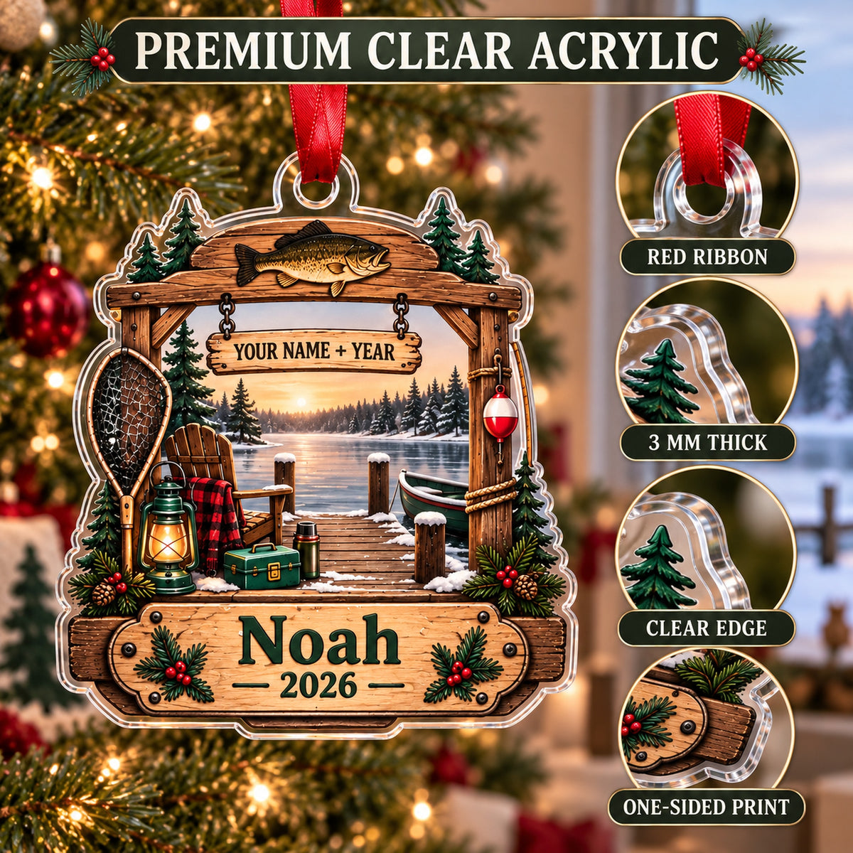 Personalized First Catch Dock Keepsake Acrylic Ornament — Flat acrylic material