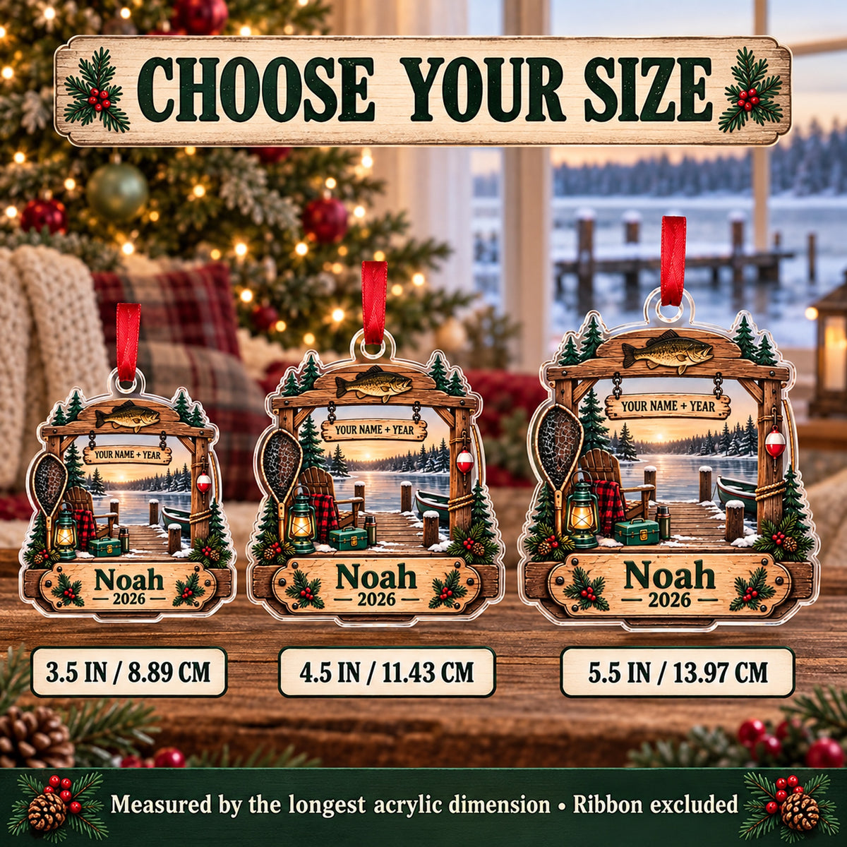 Personalized First Catch Dock Keepsake Acrylic Ornament — Personalization example