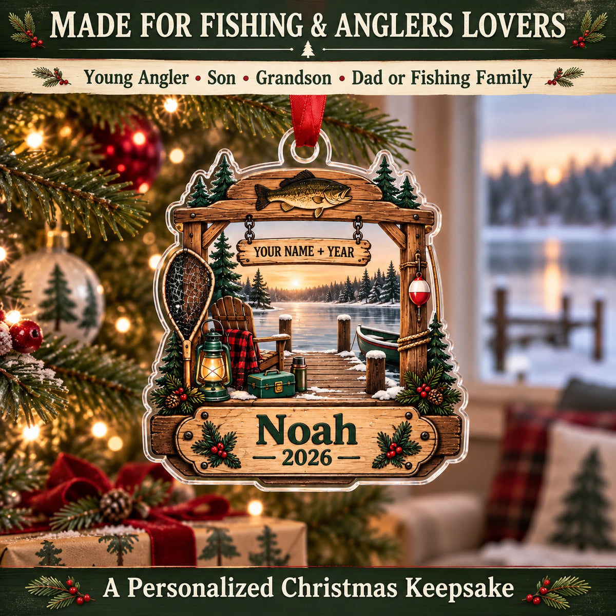 Personalized First Catch Dock Keepsake Acrylic Ornament — Size guide