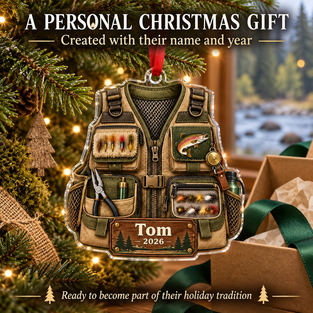 Personalized Trout River Fishing Vest Acrylic Ornament — Gift inspiration