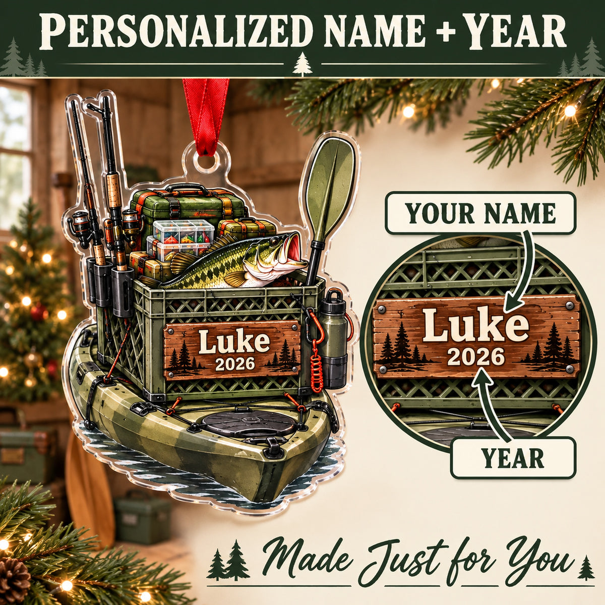 Personalized Kayak Fishing Crate Acrylic Ornament — Personalization guide