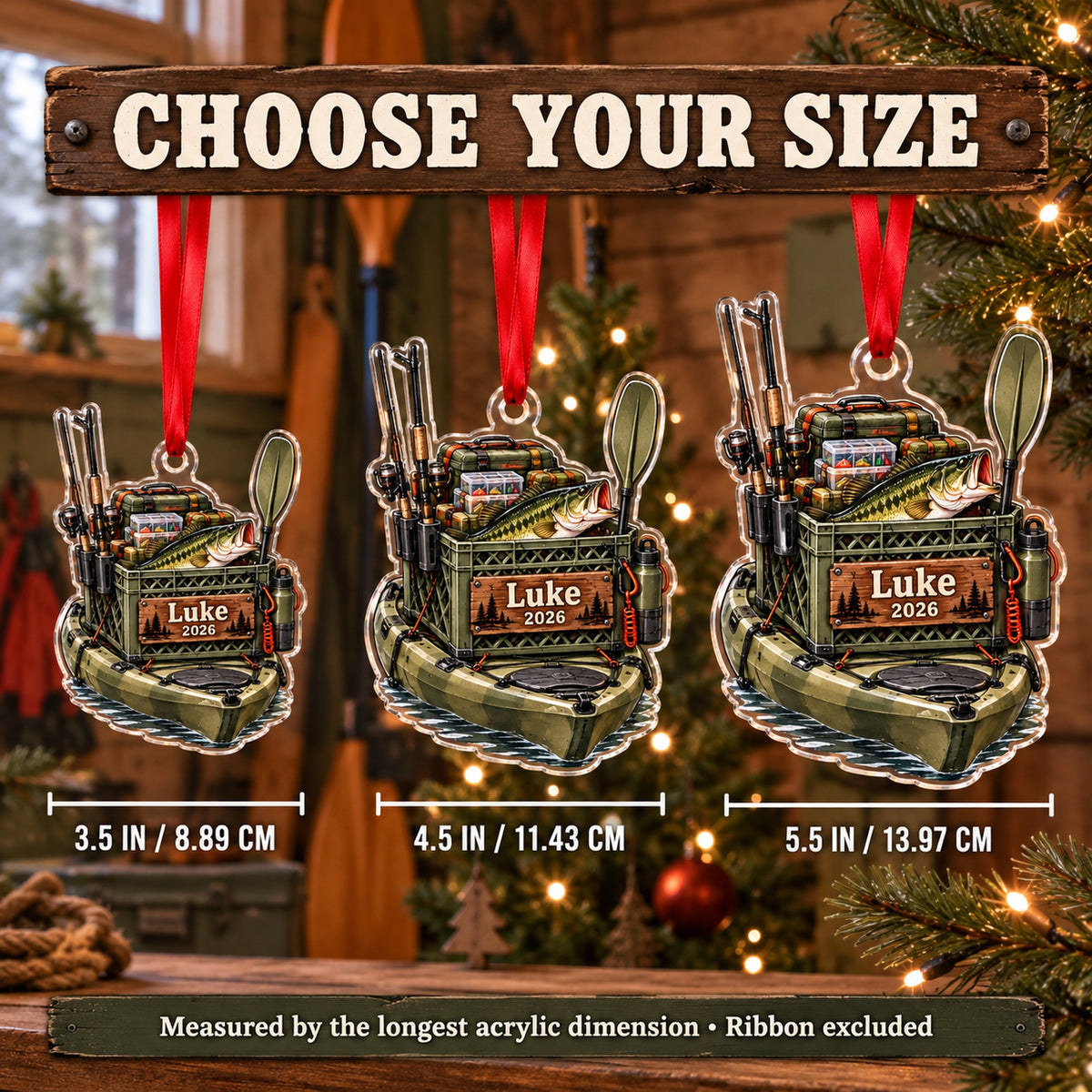 Personalized Kayak Fishing Crate Acrylic Ornament — Personalization example
