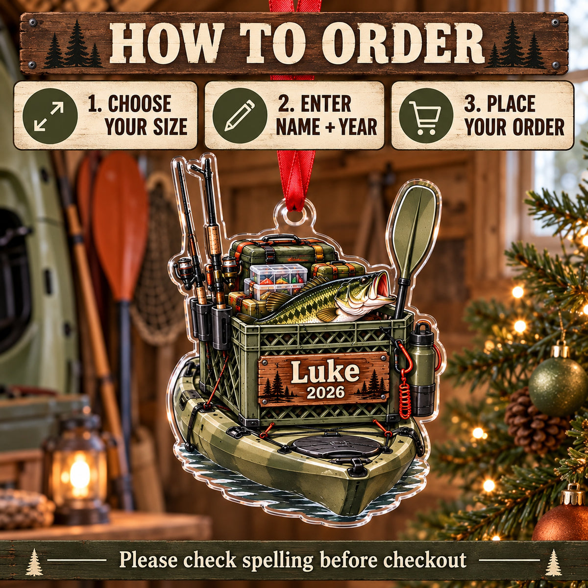 Personalized Kayak Fishing Crate Acrylic Ornament — Product details