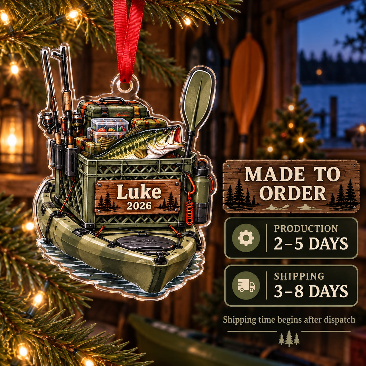 Personalized Kayak Fishing Crate Acrylic Ornament — Production and delivery