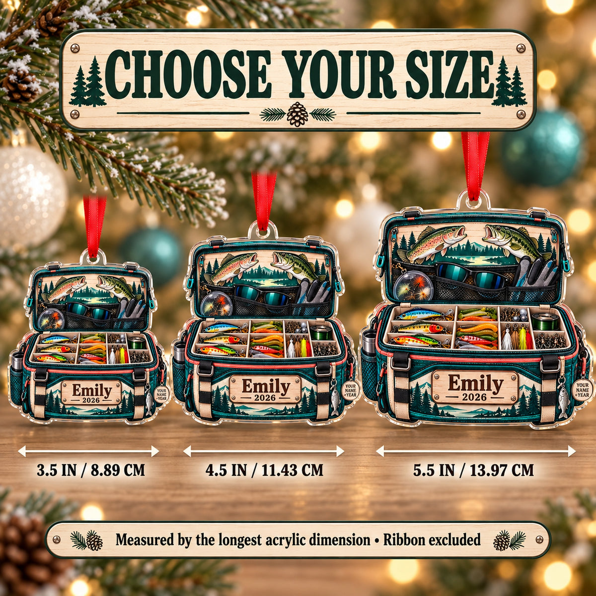 Personalized Lady Angler Tackle Bag Acrylic Ornament — Personalization example