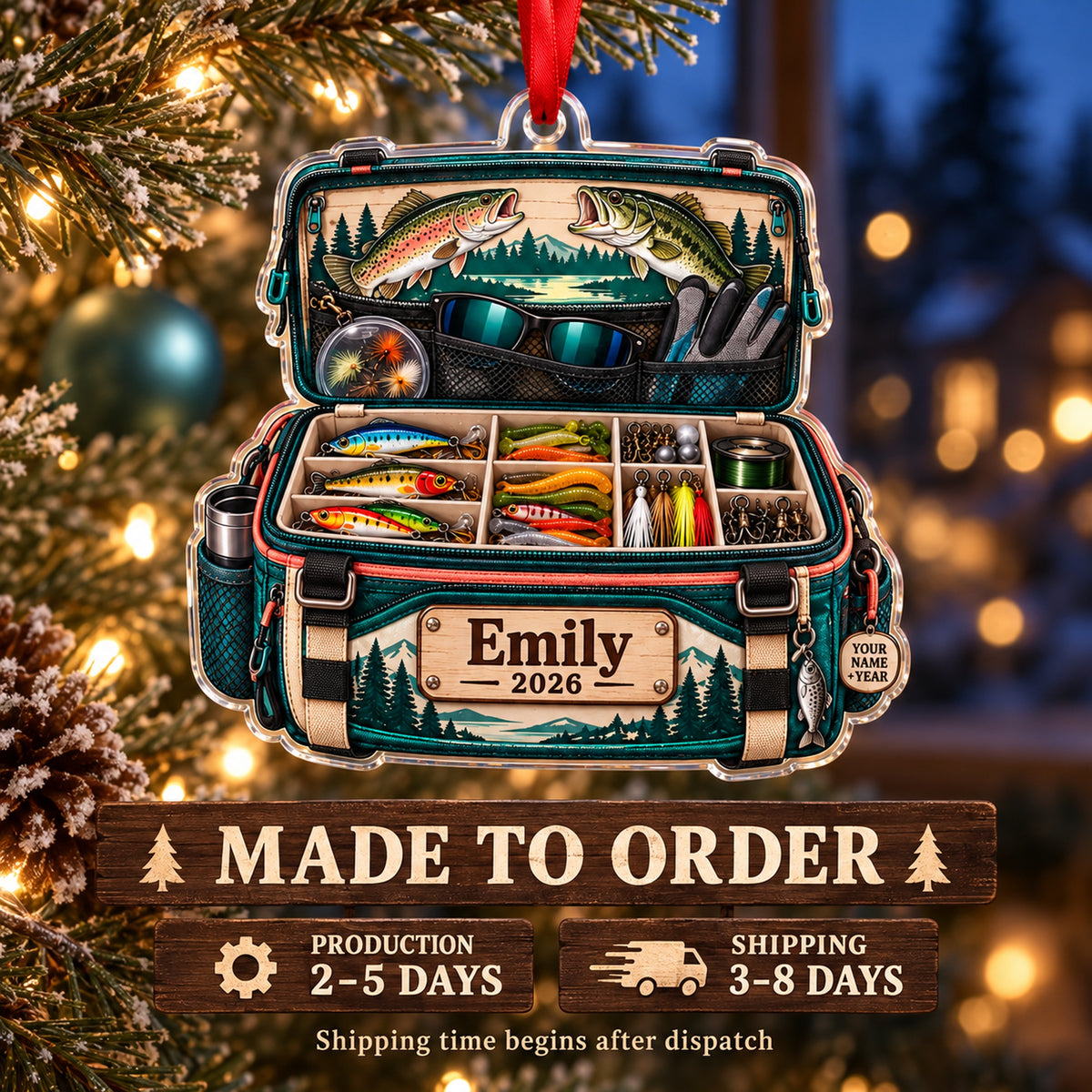 Personalized Lady Angler Tackle Bag Acrylic Ornament — Production and delivery