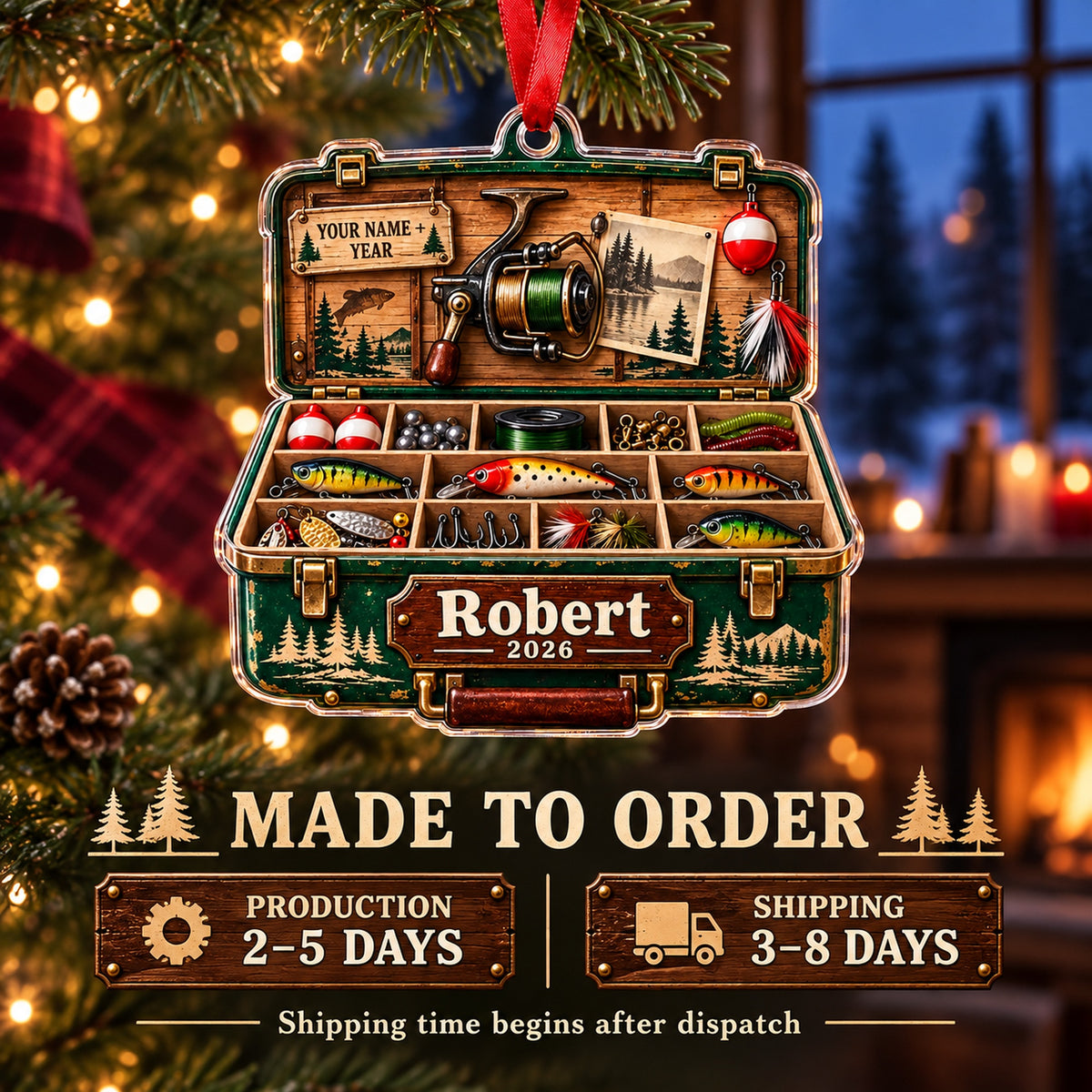 Personalized Grandpas Lucky Lure Cabinet Acrylic Ornament — Production and delivery