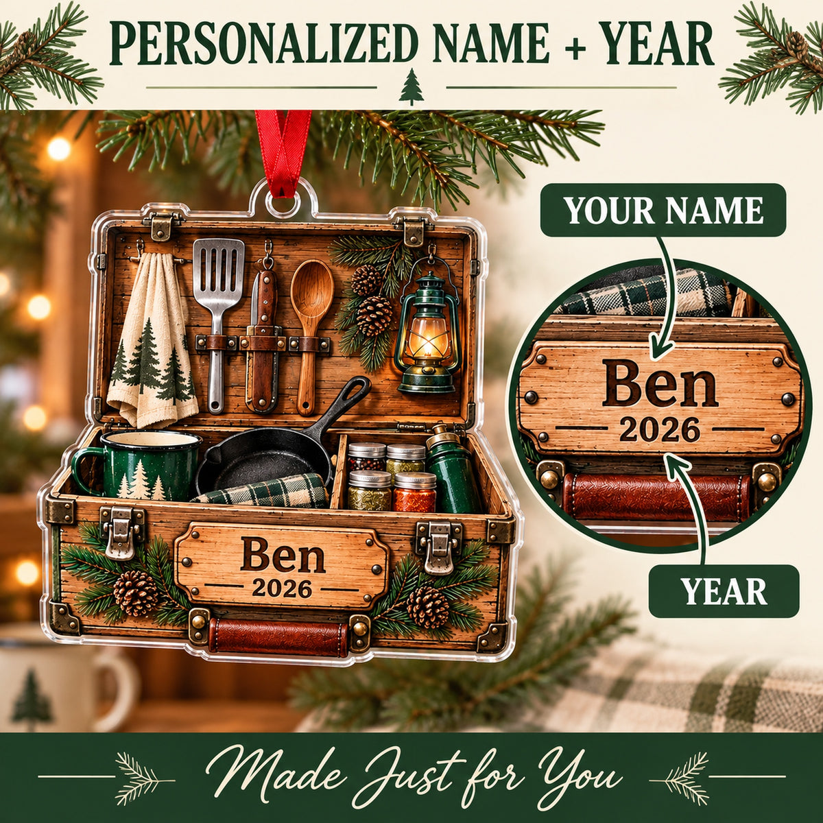 Personalized Camp Kitchen Chuck Box Acrylic Ornament — Personalization guide