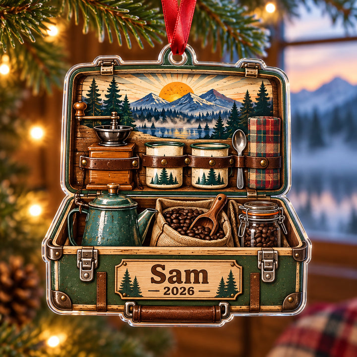 Personalized Camp Coffee Morning Box Acrylic Ornament — Main design