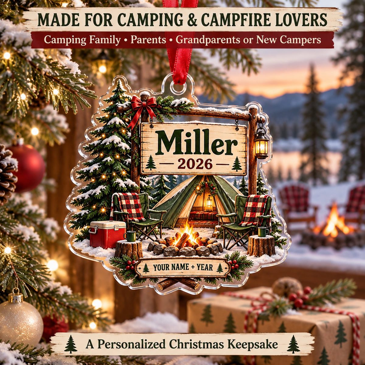 Personalized Family Campsite Sign Acrylic Ornament — Size guide