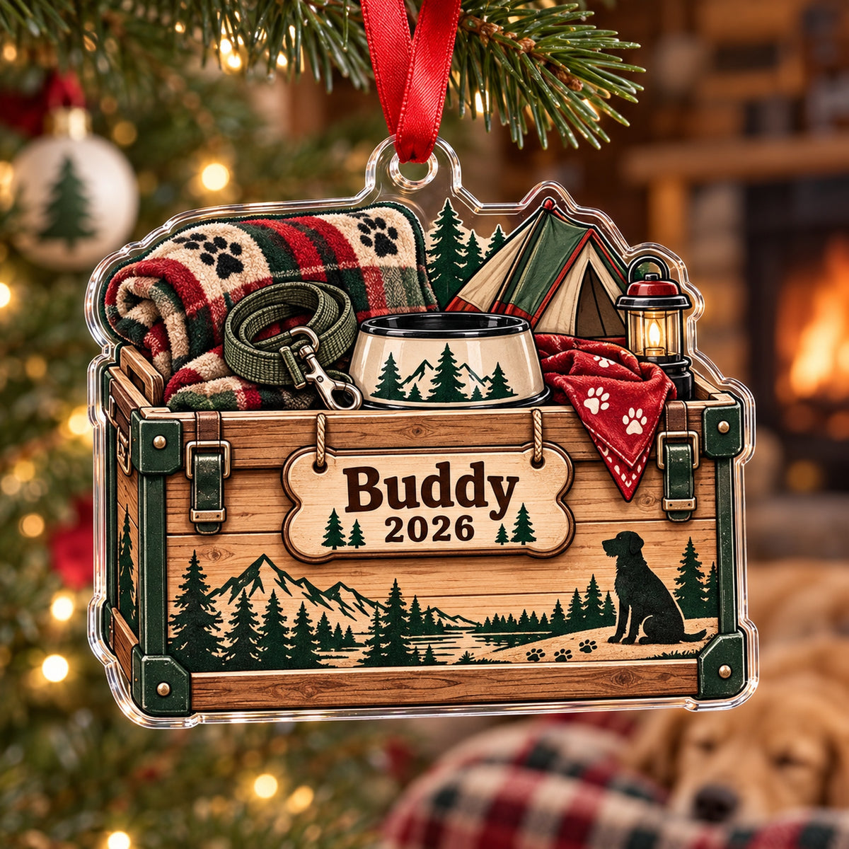 Personalized Camping Dog Gear Bin Acrylic Ornament — Main design