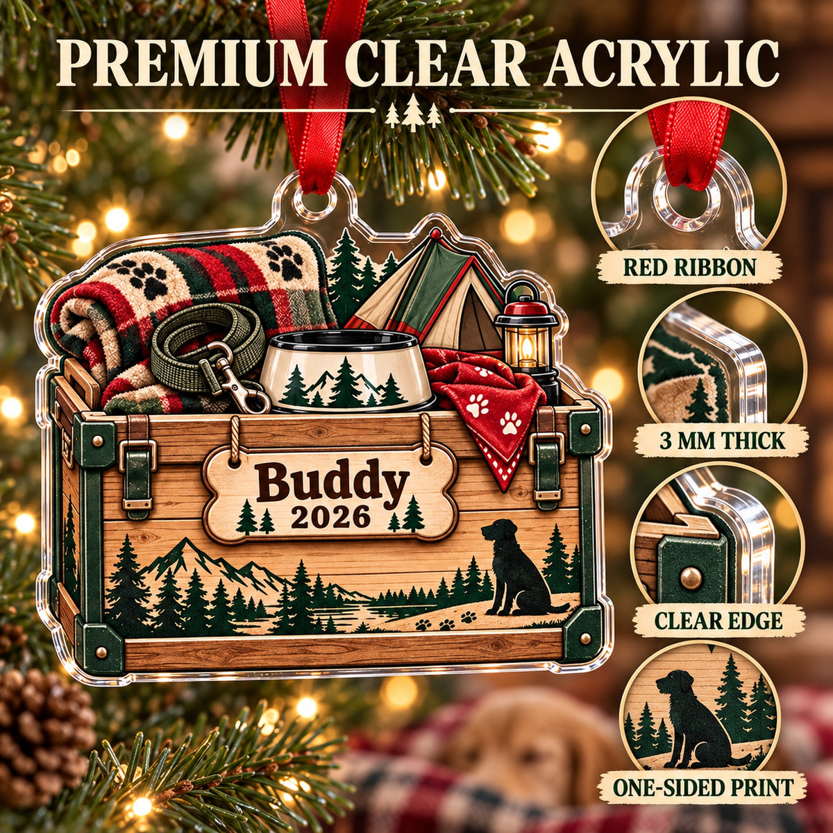 Personalized Camping Dog Gear Bin Acrylic Ornament — Flat acrylic material
