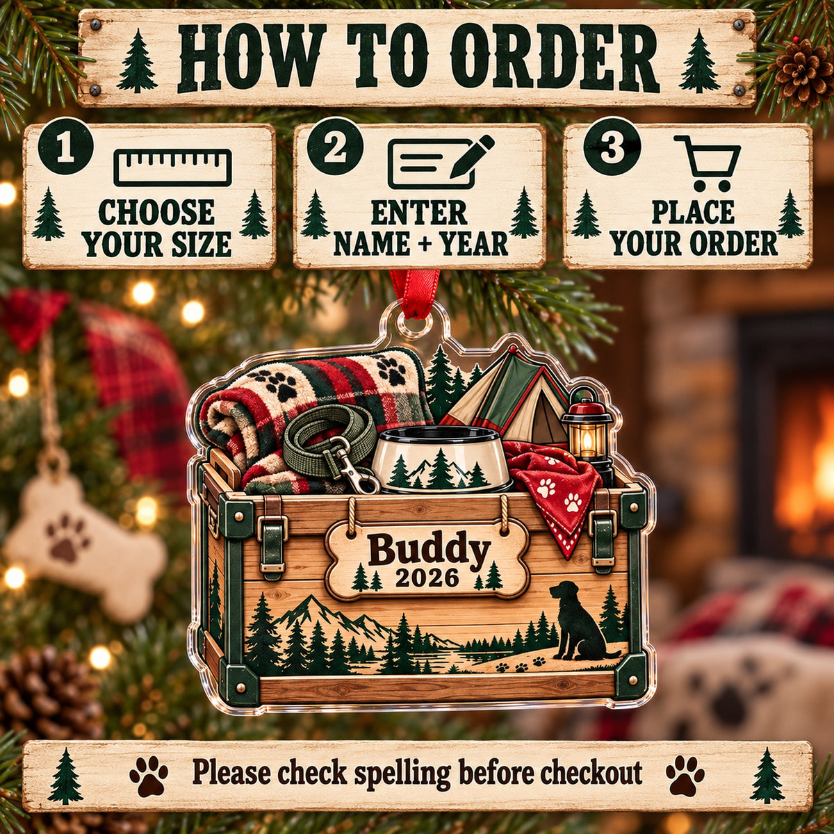 Personalized Camping Dog Gear Bin Acrylic Ornament — Product details