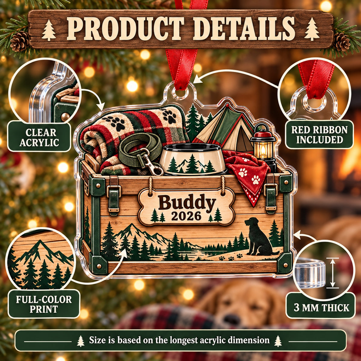 Personalized Camping Dog Gear Bin Acrylic Ornament — How to order