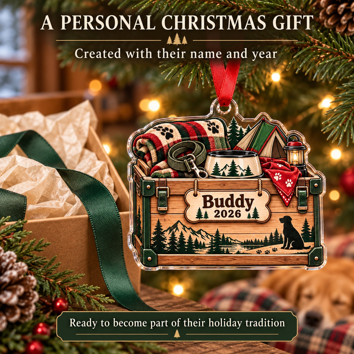 Personalized Camping Dog Gear Bin Acrylic Ornament — Gift inspiration