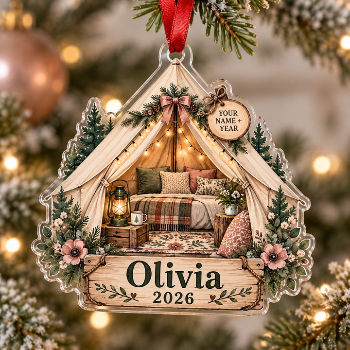 Personalized Glamping Canvas Tent Acrylic Ornament — Main design