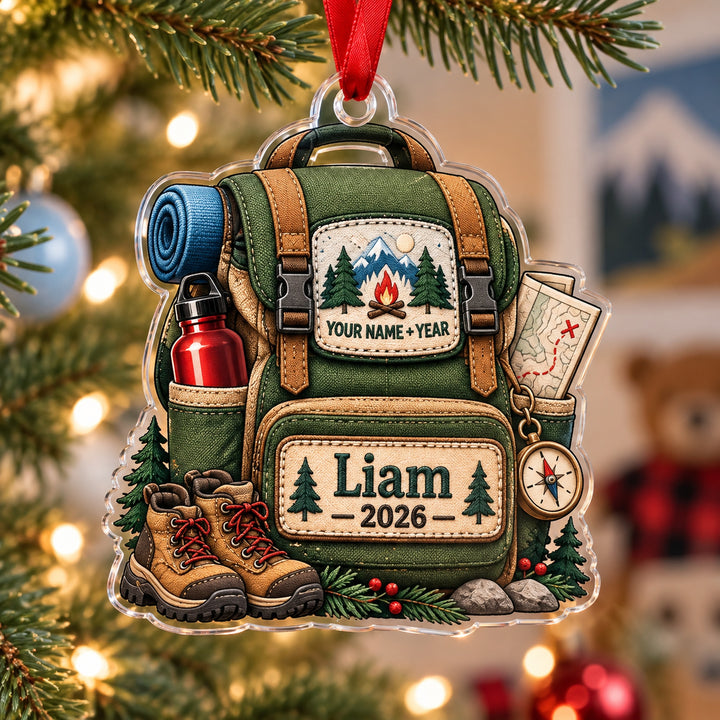 Personalized First Camping Trip Backpack Acrylic Ornament — Main design