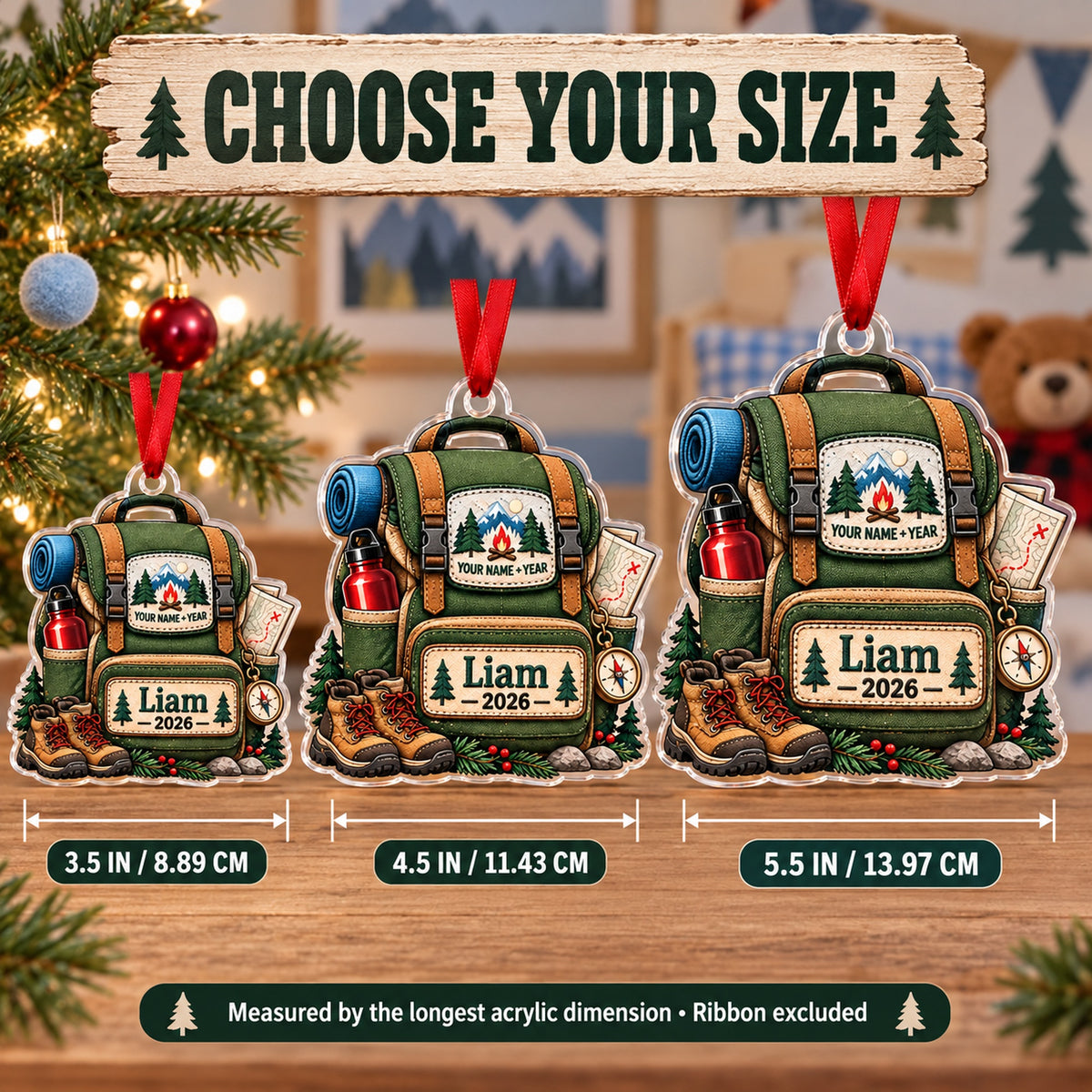 Personalized First Camping Trip Backpack Acrylic Ornament — Personalization example