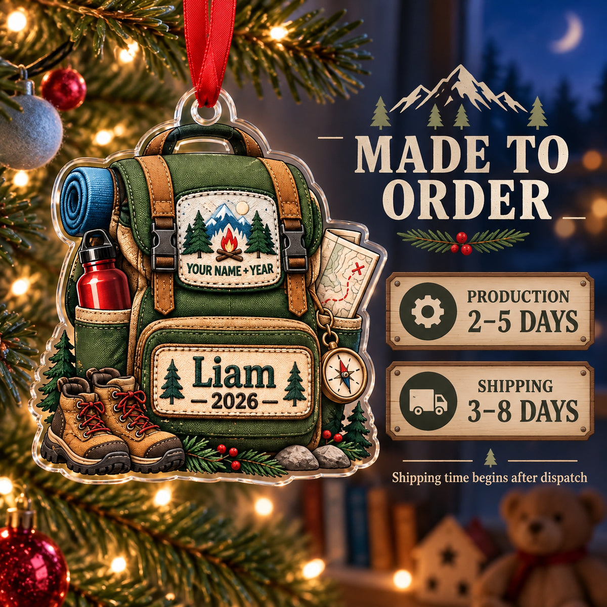 Personalized First Camping Trip Backpack Acrylic Ornament — Production and delivery